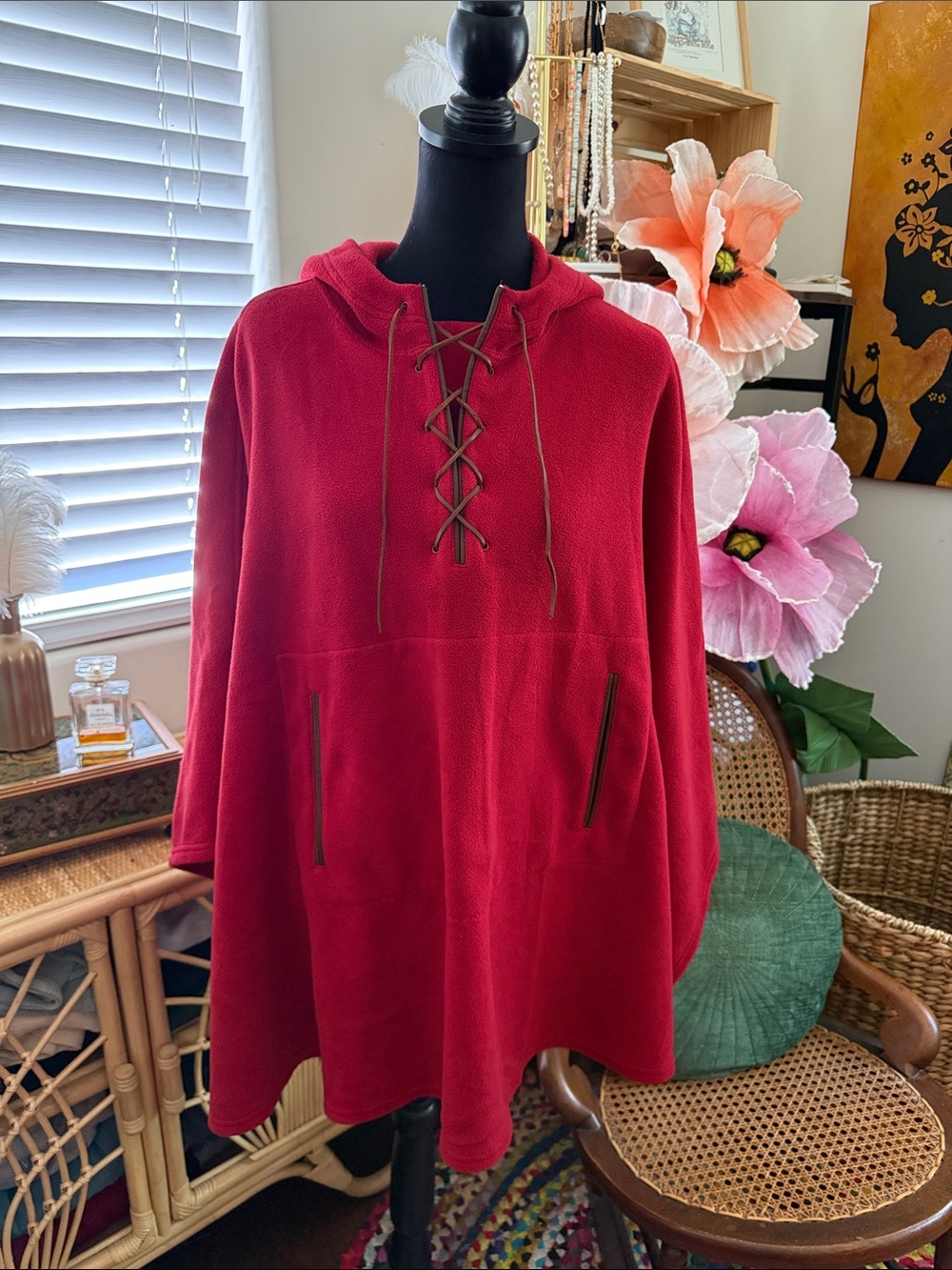 Vintage 90s Ralph Lauren RL Dry Goods Red Fleece Hooded Lace Up Poncho Cape